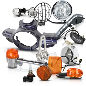 Motorcycle headlights, turn signals, brackets, and bulbs in various designs.